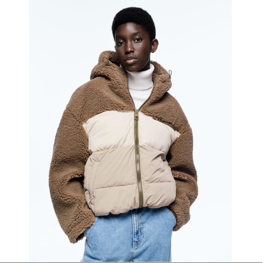 NWT Zara High Collar Hooded Combination Puffer Jacket Sz:S